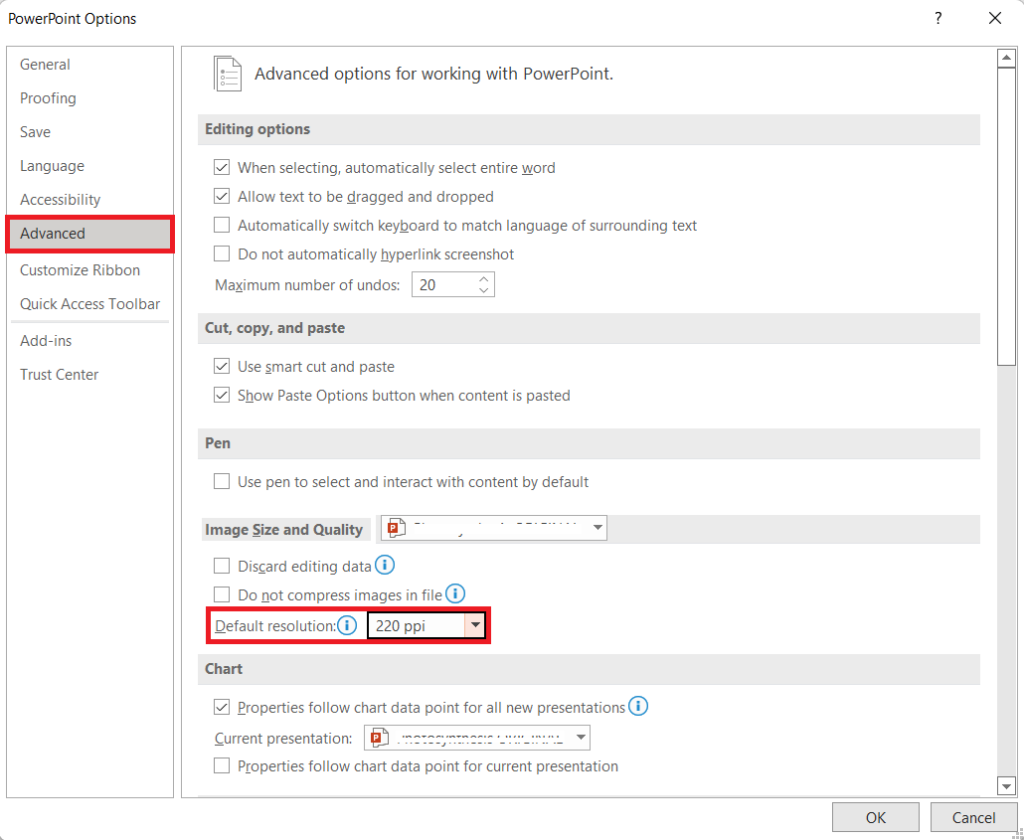 Changing image default resolution to compress images in PPT presentation