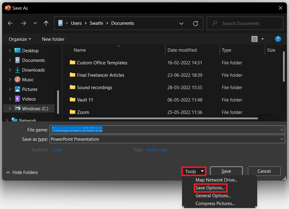 Save options in PowerPoint
