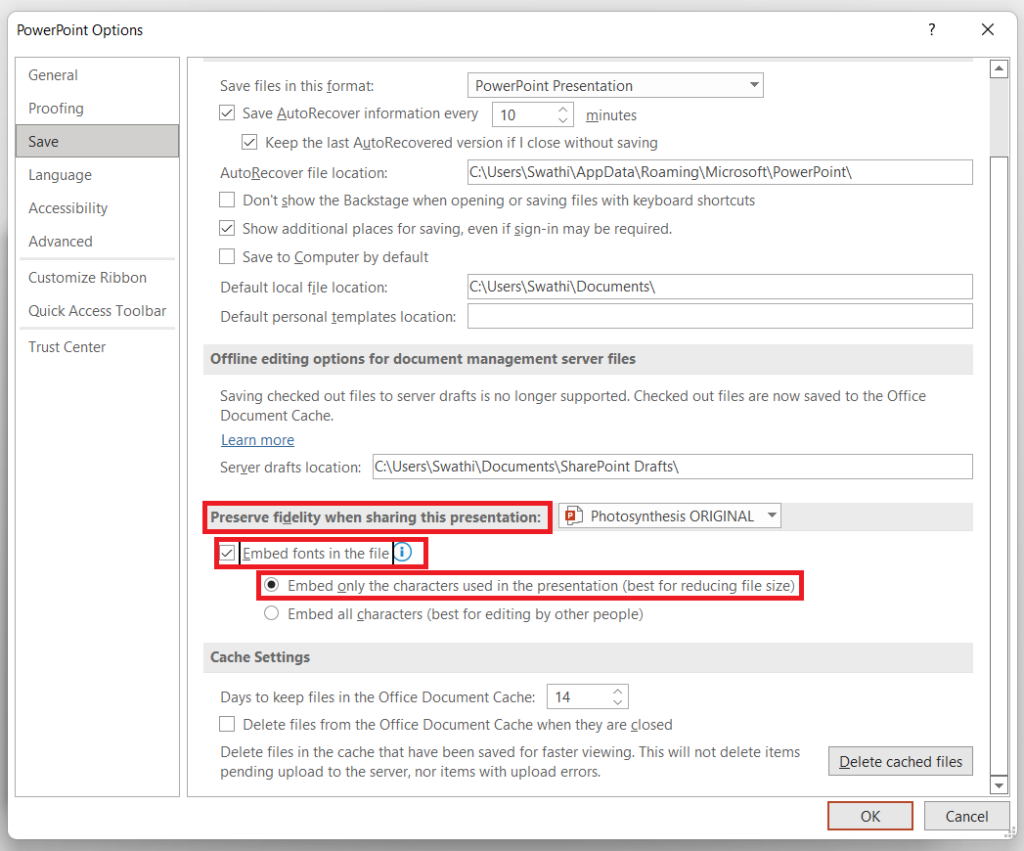 Embedding fonts in a powerpoint file to reduce PPT file size