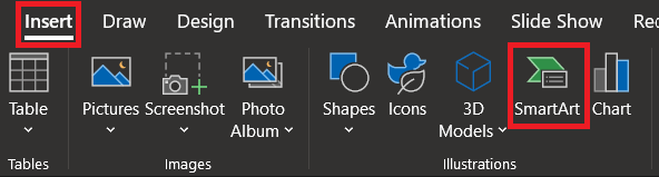 Create a timeline in PowerPoint by using SmartArt button under the Insert Tab