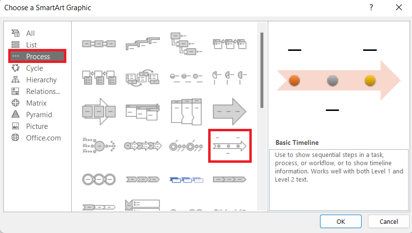 Select the Basic Timeline to create your timeline in PowerPoint using SmartArt