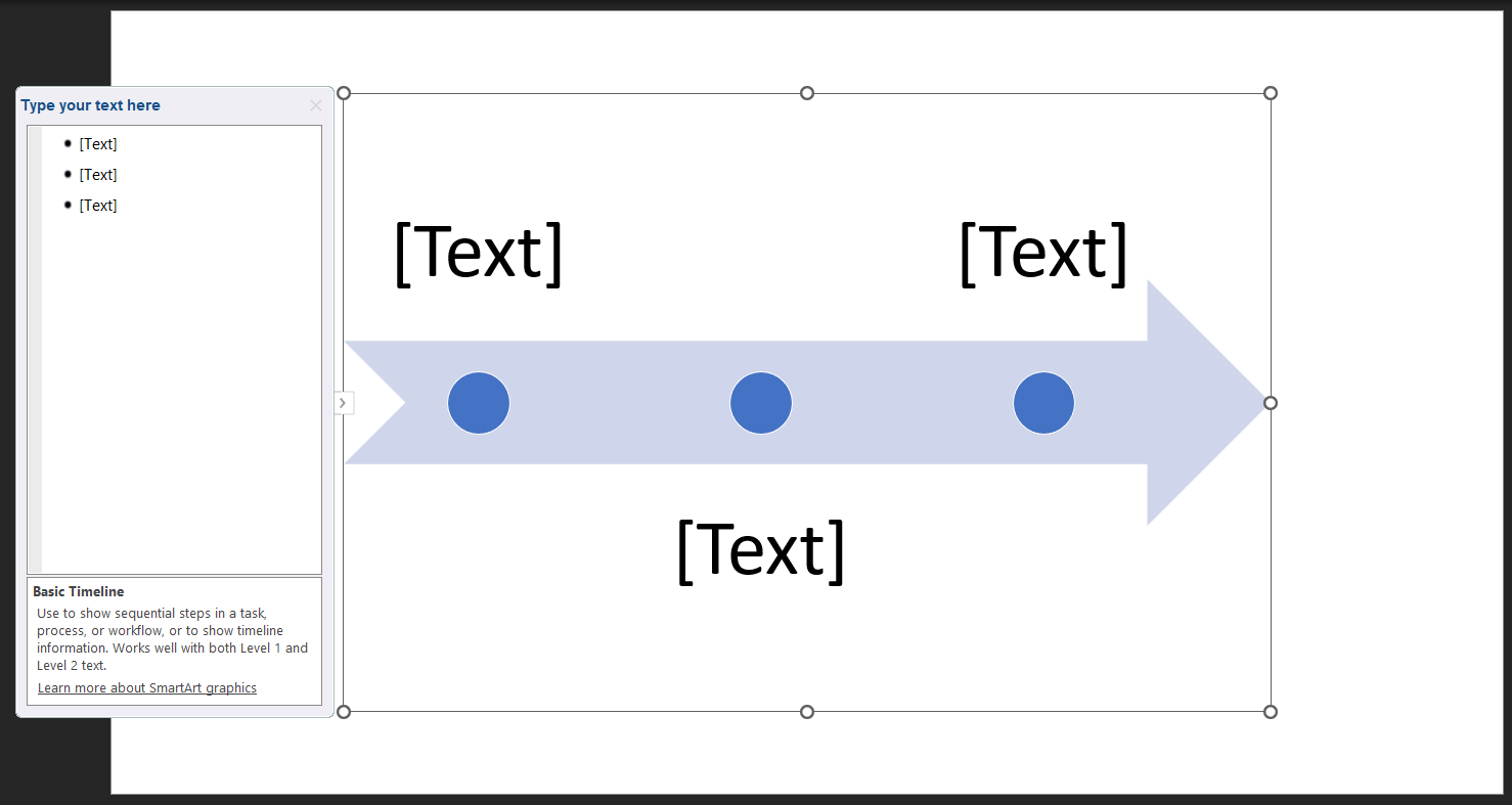 This is what a basic timeline looks like in PowerPoint using SmartArt