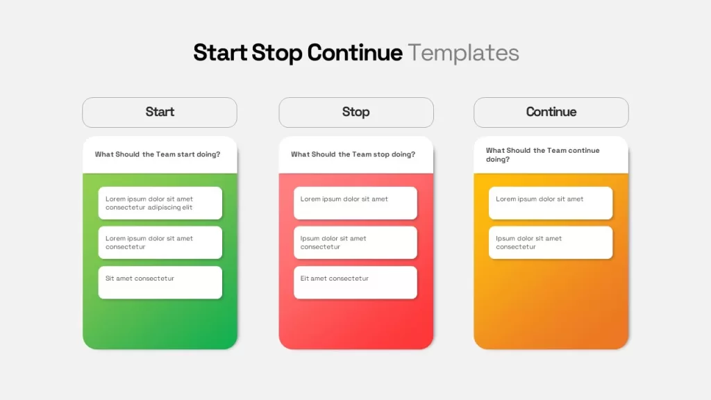Start Stop Continue PPT template that users can download and use