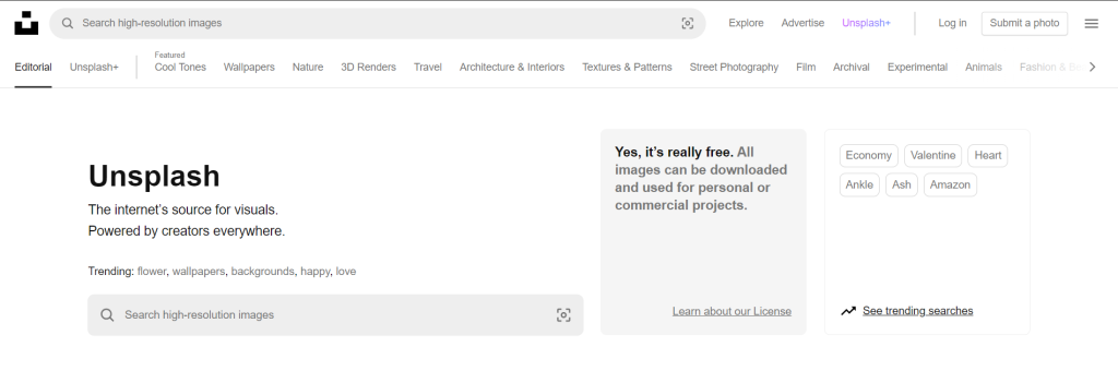 Preview of Unsplash website, a website for stock images for presentations