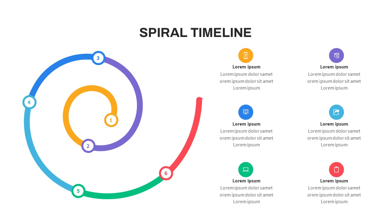 6 Point Spiral Timeline PPT Template