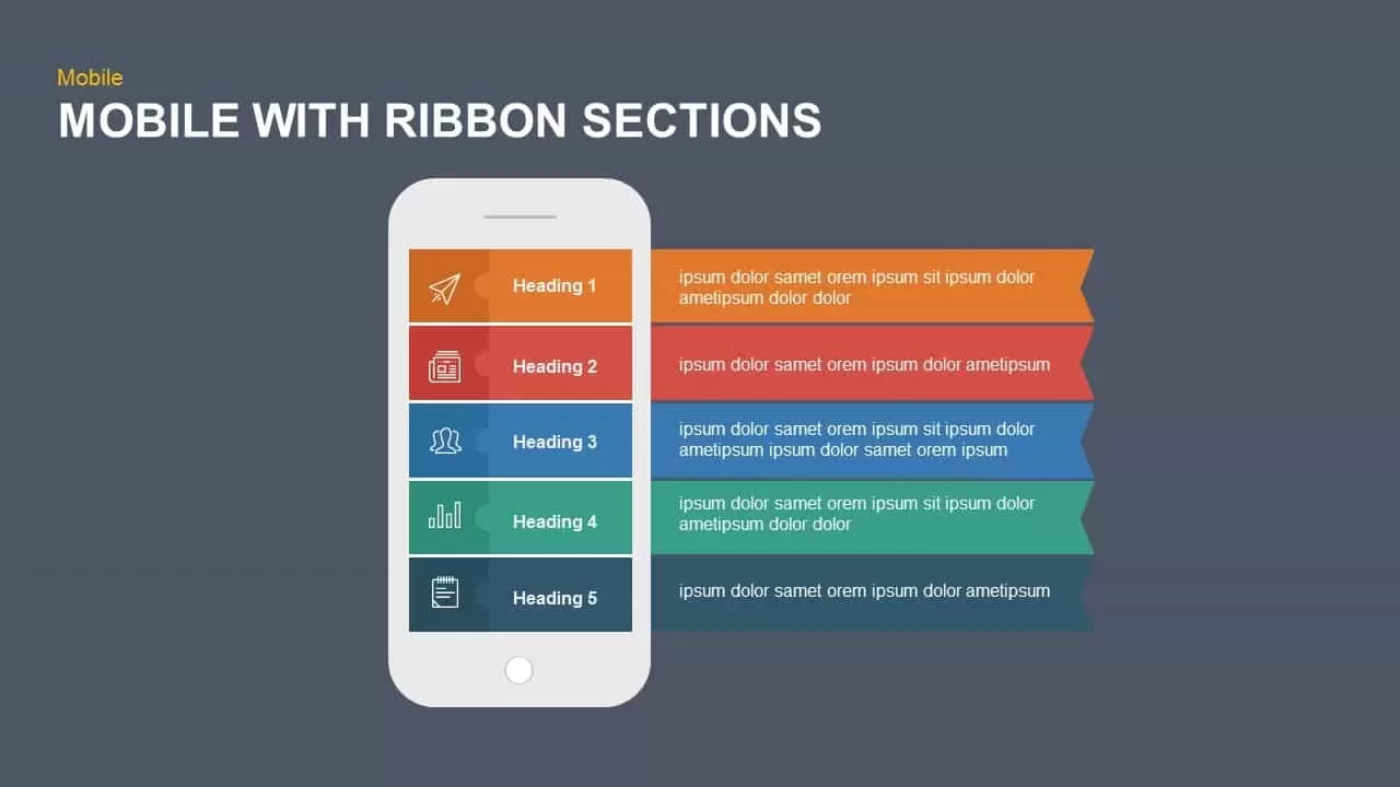 5 Sections ribbon PowerPoint template with mobile