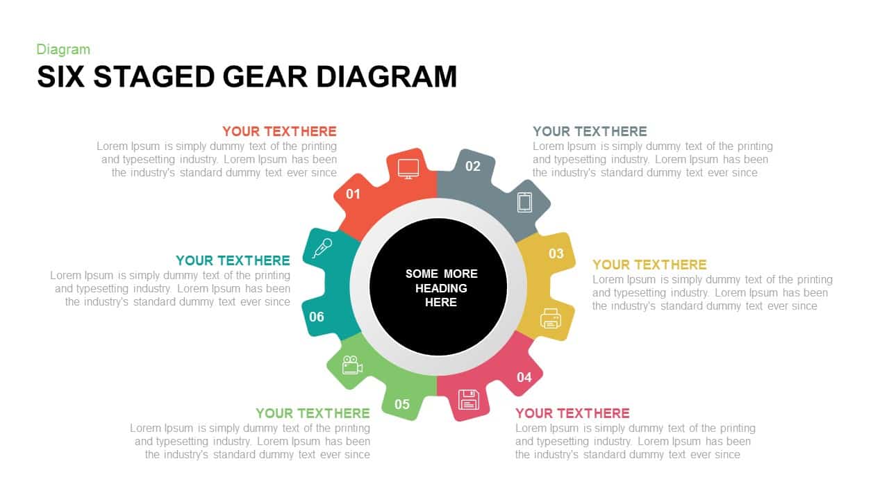 6 staged gear diagram PowerPoint template