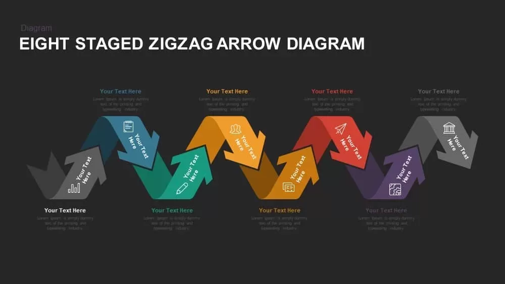 Eight Staged Zigzag Arrow Diagram Powerpoint template