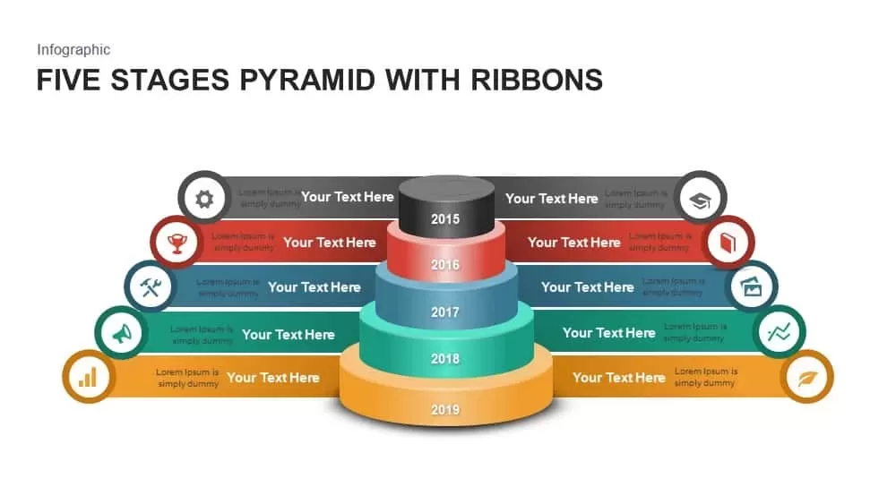 5 stages ribbon pyramid diagram template for PowerPoint and keynote