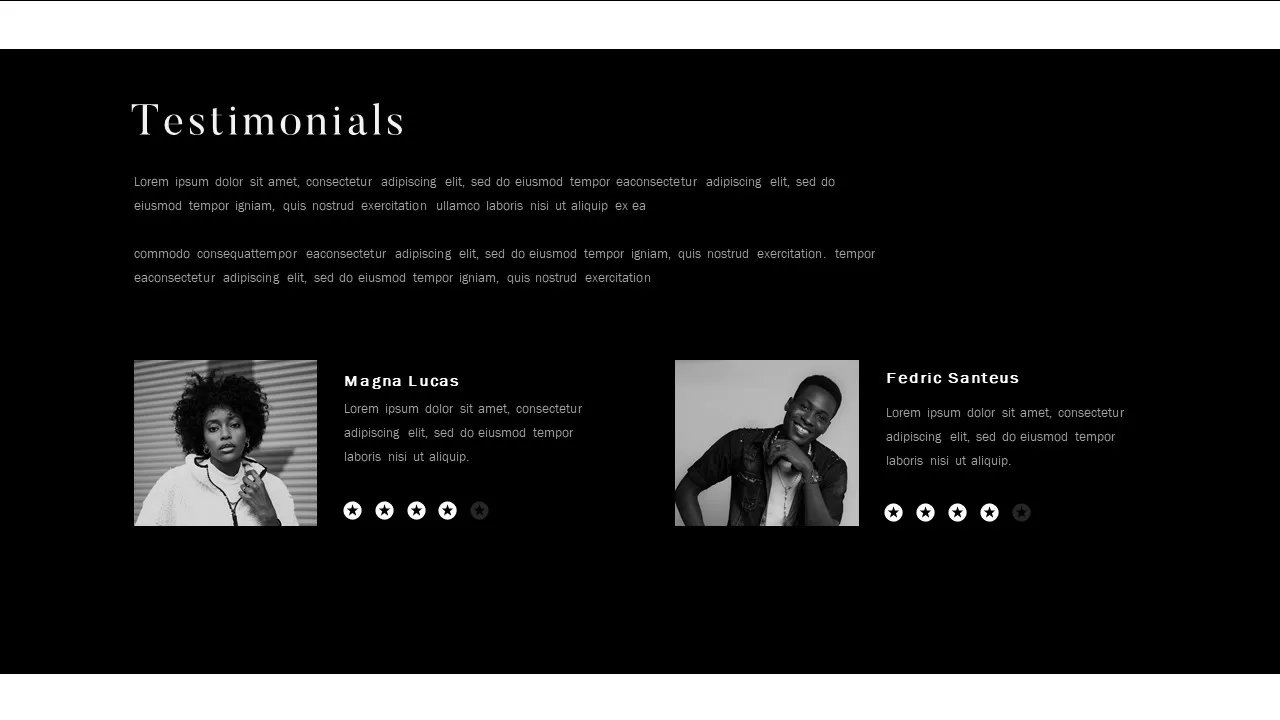 Testimonials Black and White Business Plan Presentation Template