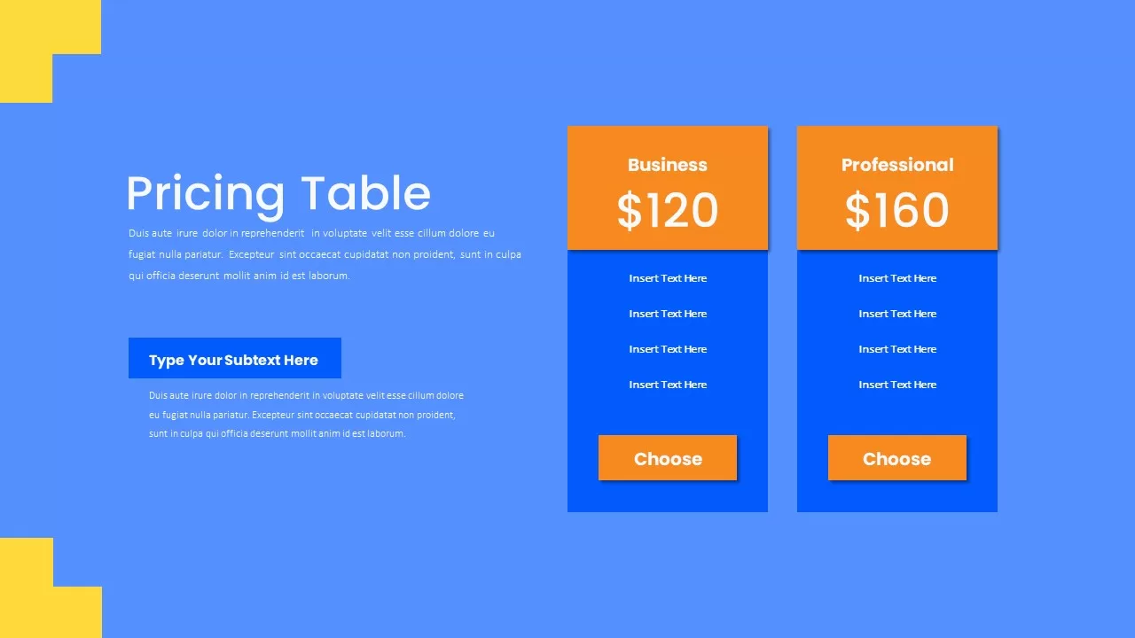 pricing table ppt template